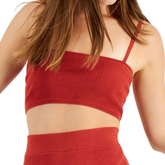 Bar III Stretch Ribbed Crop Spaghetti Strap Square Neck Tank Top Retro Orange LG - Picture 3 of 8